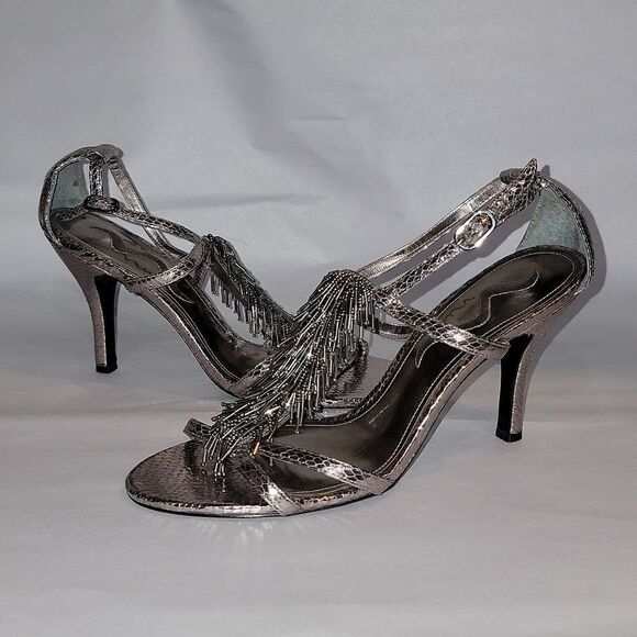Nina Leather Fringe Beaded Gunmetal Night Out Stilleto Heel Shoes Size 8.5 - Picture 1 of 9